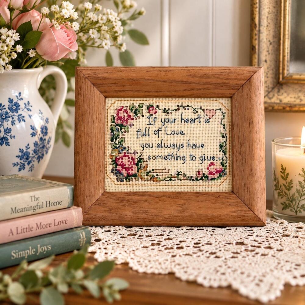 Hand-Stitched Cross Stitch Wall Art, Floral Rose Border, Cottagecore Love Quote